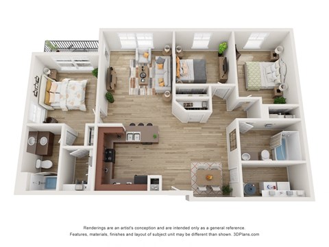 Floor plan for 3 beds, 2 baths, 1280 sqft